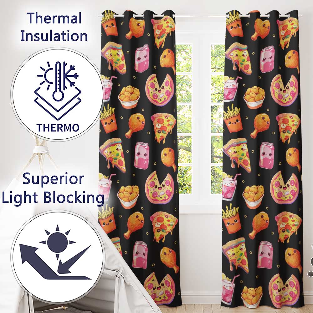 Cute Kawaii French Fries Black Background Seamless Pattern  Readymade Eyelet Ring Top Thermal 100% Blackout Curtains