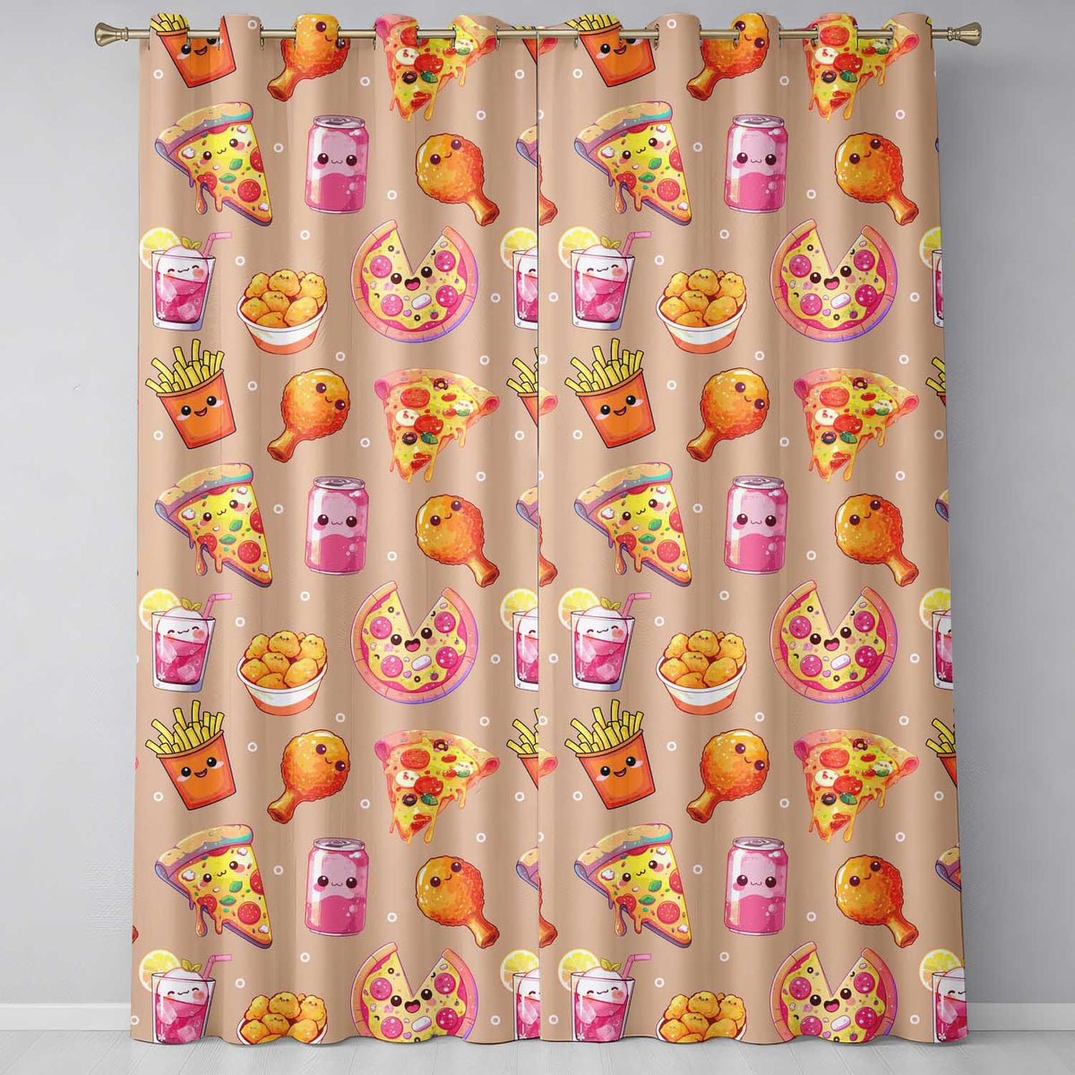 Cute Kawaii French Fries Peach Background Seamless Pattern  Readymade Eyelet Ring Top Thermal 100% Blackout Curtains