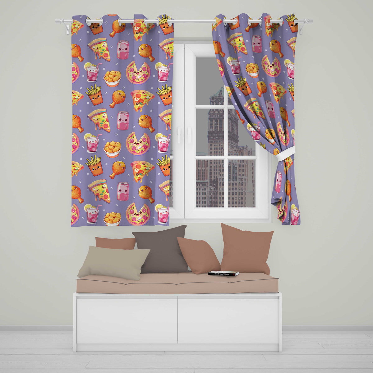 Cute French Fries Seamless Pattern Purple Background  Readymade Eyelet Ring Top Thermal 100% Blackout Curtains