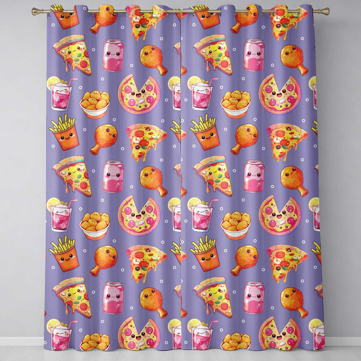 Cute French Fries Seamless Pattern Purple Background  Readymade Eyelet Ring Top Thermal 100% Blackout Curtains