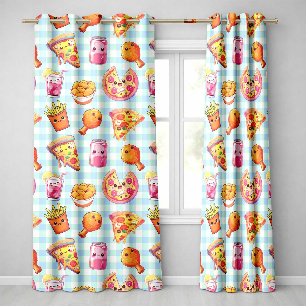 Cute Kawaii Fast Food Pattern with Pizza Chicken Soda Blue Check Background  Readymade Eyelet Ring Top Thermal 100% Blackout Curtains