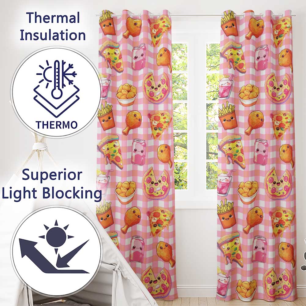 Cute Kawaii Fast Food Pattern with Pizza Chicken Soda Red Check Background  Readymade Eyelet Ring Top Thermal 100% Blackout Curtains