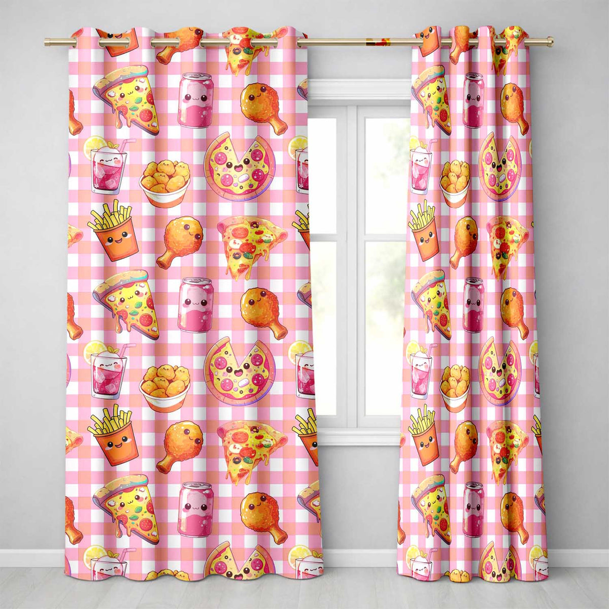 Cute Kawaii Fast Food Pattern with Pizza Chicken Soda Red Check Background  Readymade Eyelet Ring Top Thermal 100% Blackout Curtains