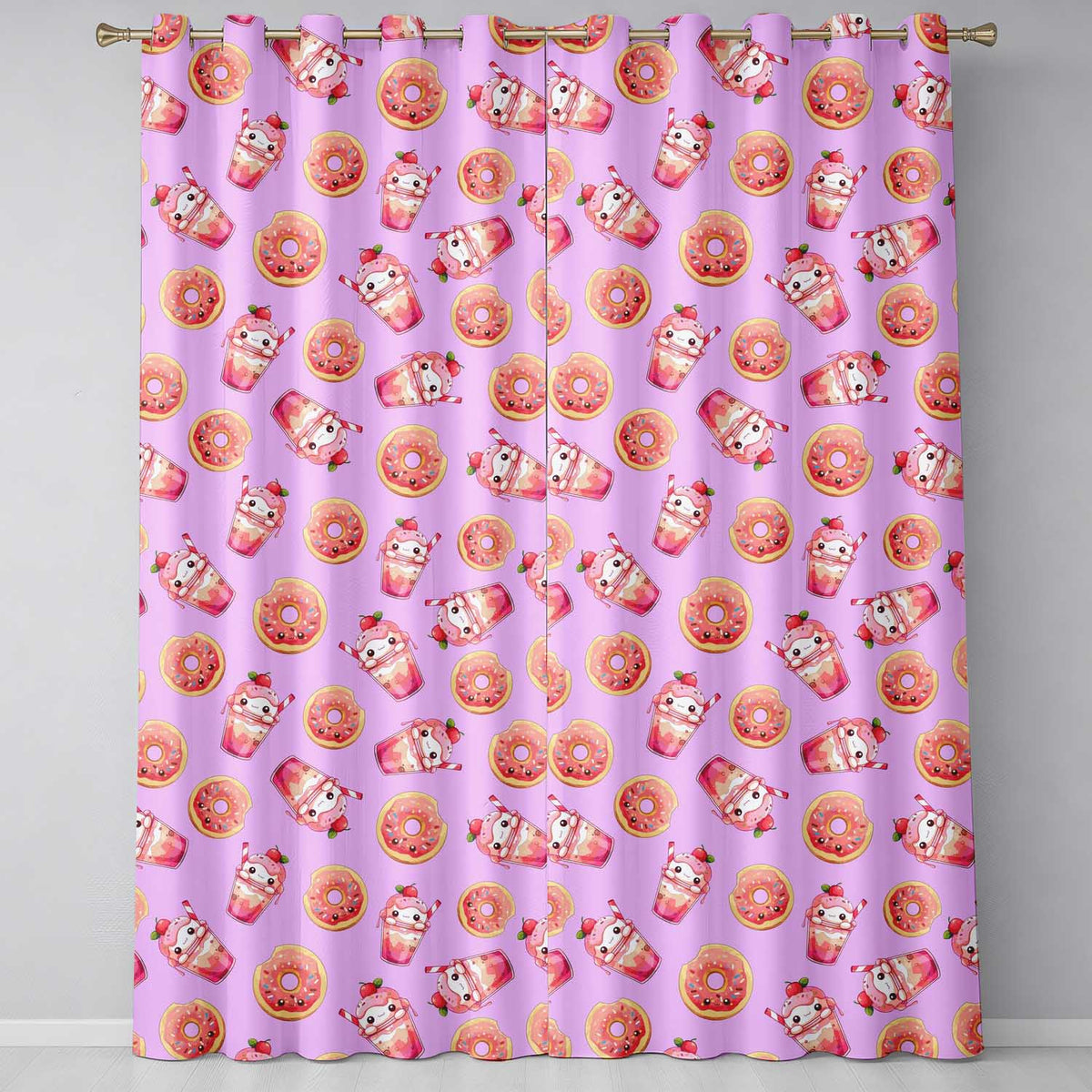 Cute Kawaii Donut and Strawberry Drink Seamless Pattern Purple Background  Readymade Eyelet Ring Top Thermal 100% Blackout Curtains
