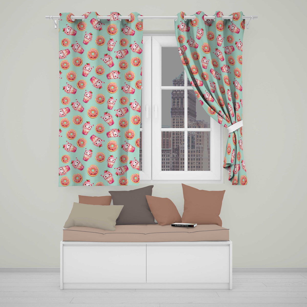 Cute Kawaii Donut and Strawberry Drink Pattern Teal Background Seamless  Readymade Eyelet Ring Top Thermal 100% Blackout Curtains