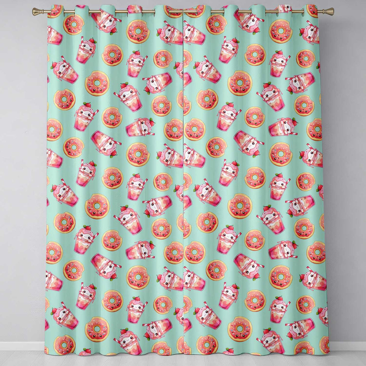 Cute Kawaii Donut and Strawberry Drink Pattern Teal Background Seamless  Readymade Eyelet Ring Top Thermal 100% Blackout Curtains
