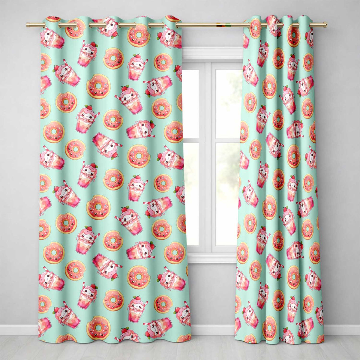 Cute Kawaii Donut and Strawberry Drink Pattern Teal Background Seamless  Readymade Eyelet Ring Top Thermal 100% Blackout Curtains