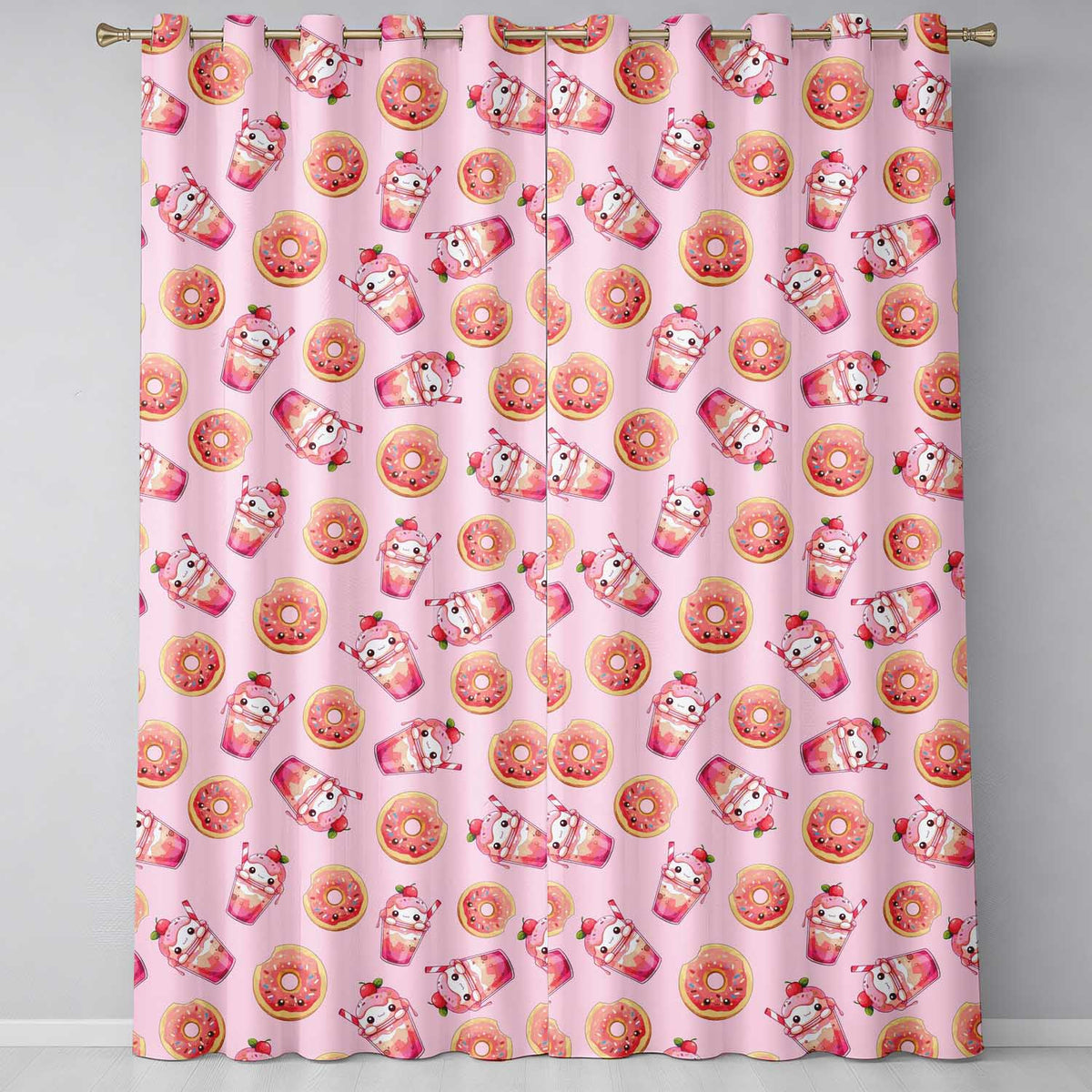Cute Kawaii Donut and Strawberry Drink Pattern Soft Pink Background Seamless  Readymade Eyelet Ring Top Thermal 100% Blackout Curtains