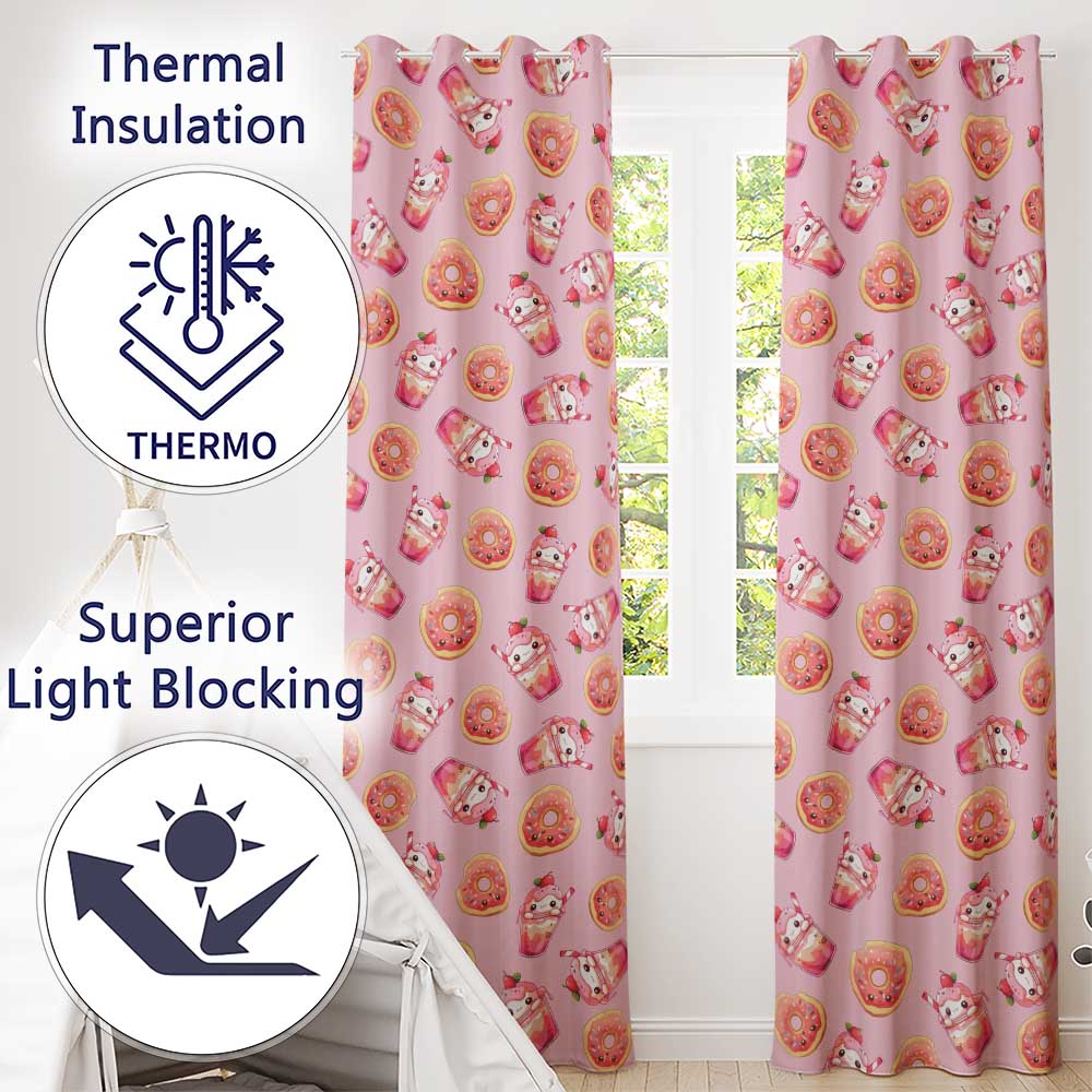 Cute Kawaii Donut and Strawberry Drink Pattern Blush Pink Background Seamless  Readymade Eyelet Ring Top Thermal 100% Blackout Curtains