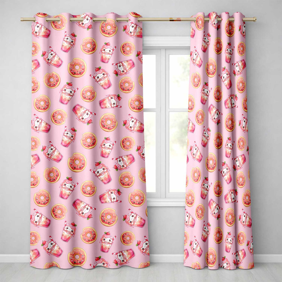 Cute Kawaii Donut and Strawberry Drink Pattern Blush Pink Background Seamless  Readymade Eyelet Ring Top Thermal 100% Blackout Curtains