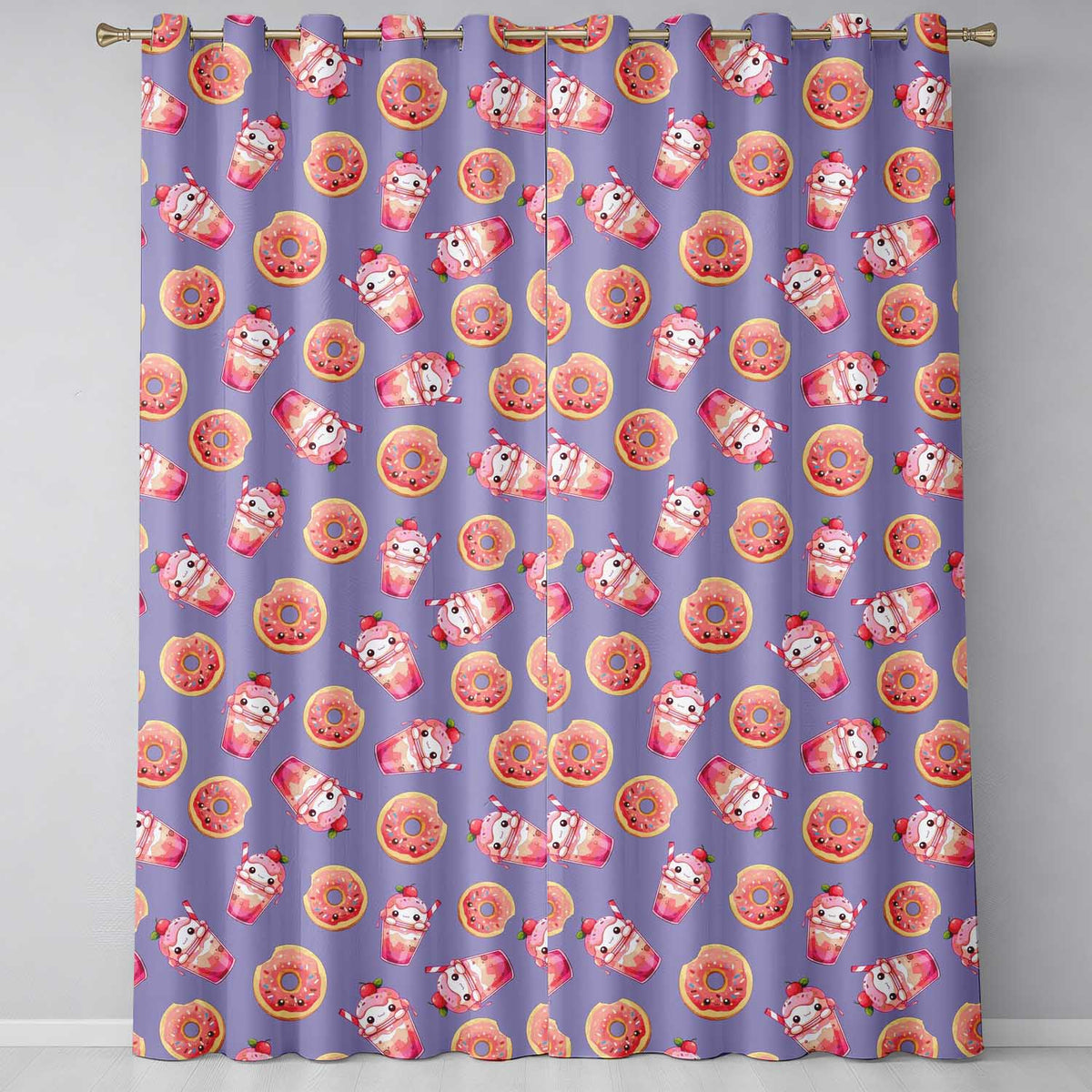 Cute Kawaii Donut and Strawberry Drink Pattern Purple Background Seamless  Readymade Eyelet Ring Top Thermal 100% Blackout Curtains