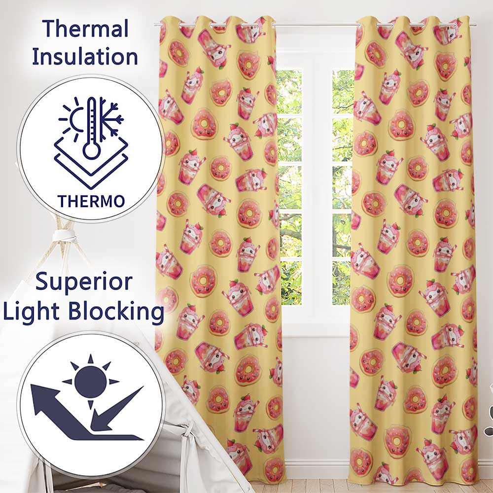 Cute Kawaii Donut and Strawberry Drink Pattern Yellow Background Seamless  Readymade Eyelet Ring Top Thermal 100% Blackout Curtains