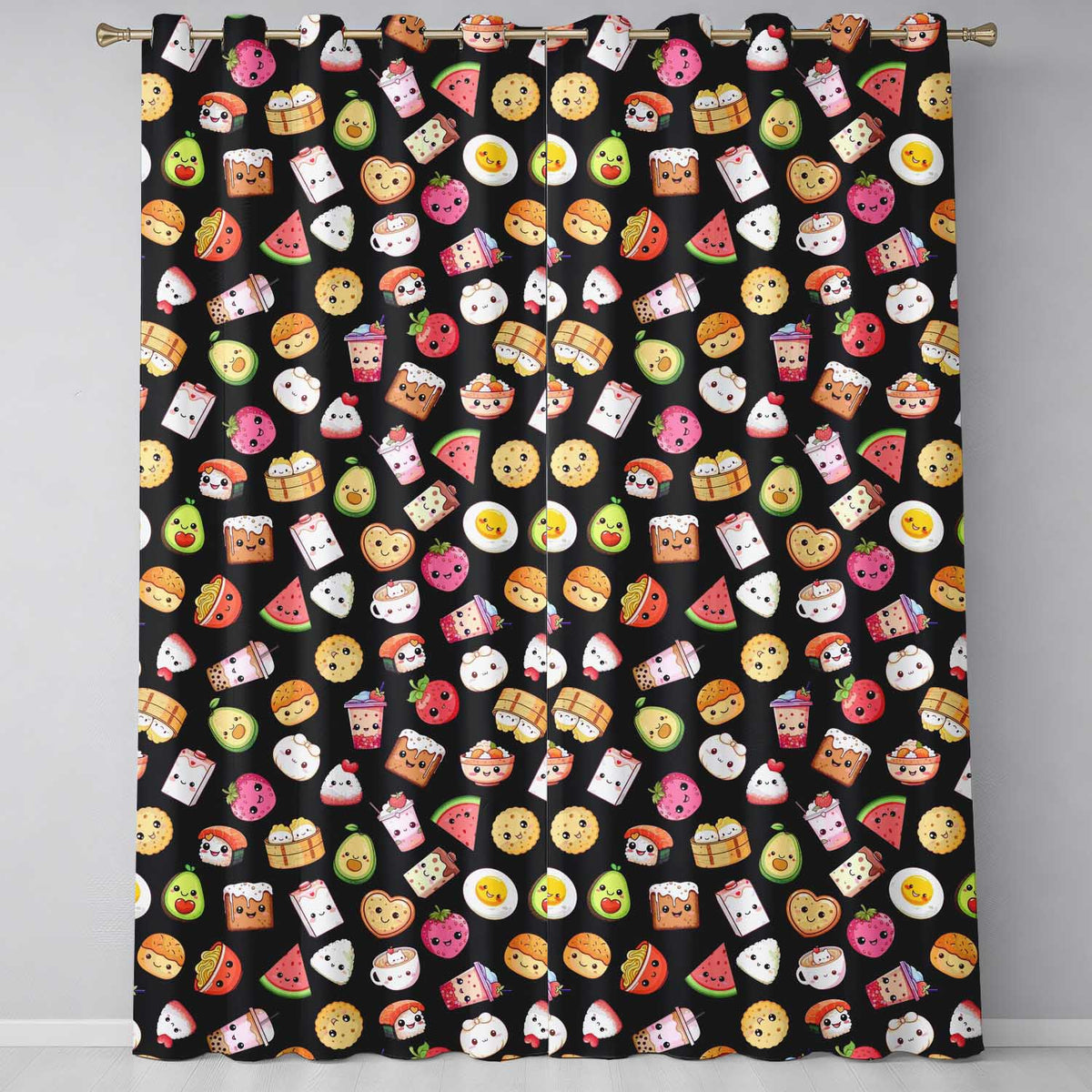 Kawaii Food Collection Sushi Fruit Drinks Cute Cartoon Seamless Pattern  Readymade Eyelet Ring Top Thermal 100% Blackout Curtains