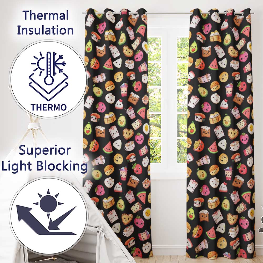 Kawaii Food Collection Sushi Fruit Drinks Cute Cartoon Seamless Pattern  Readymade Eyelet Ring Top Thermal 100% Blackout Curtains