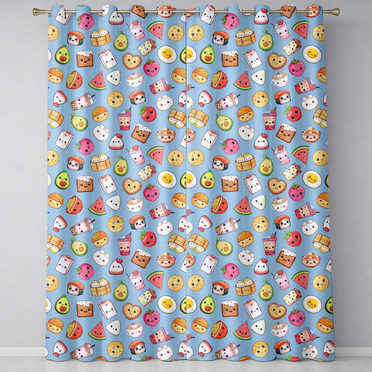 Kawaii Food Collection Sushi Fruit Drinks Blue Background Cute Seamless Pattern  Readymade Eyelet Ring Top Thermal 100% Blackout Curtains
