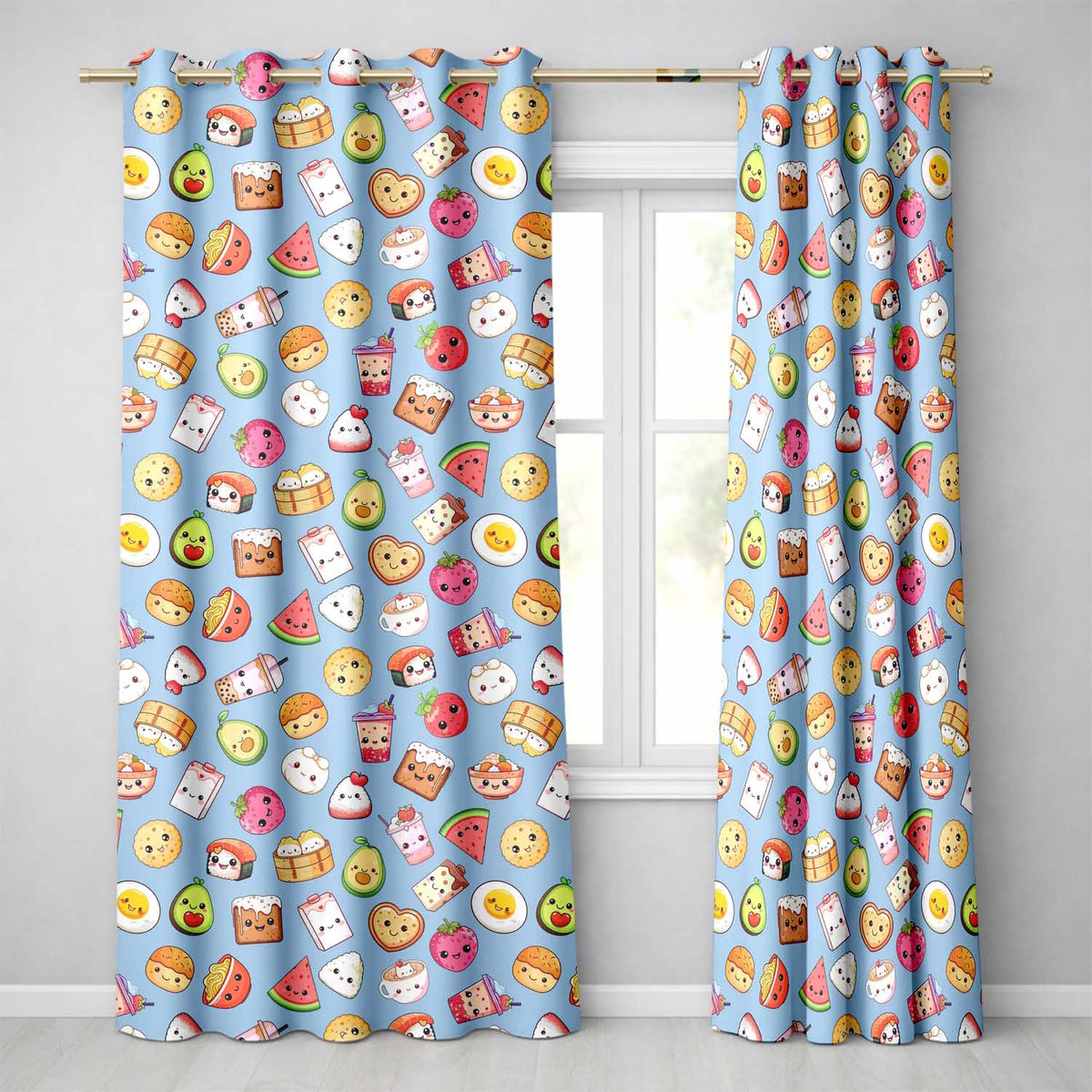 Kawaii Food Collection Sushi Fruit Drinks Blue Background Cute Seamless Pattern  Readymade Eyelet Ring Top Thermal 100% Blackout Curtains