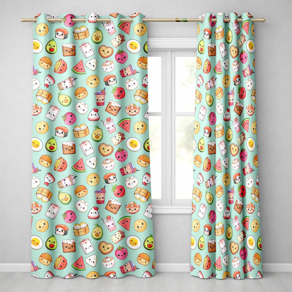 Kawaii Food Collection Sushi Fruit Drink Green Background Cute Seamless Pattern  Readymade Eyelet Ring Top Thermal 100% Blackout Curtains