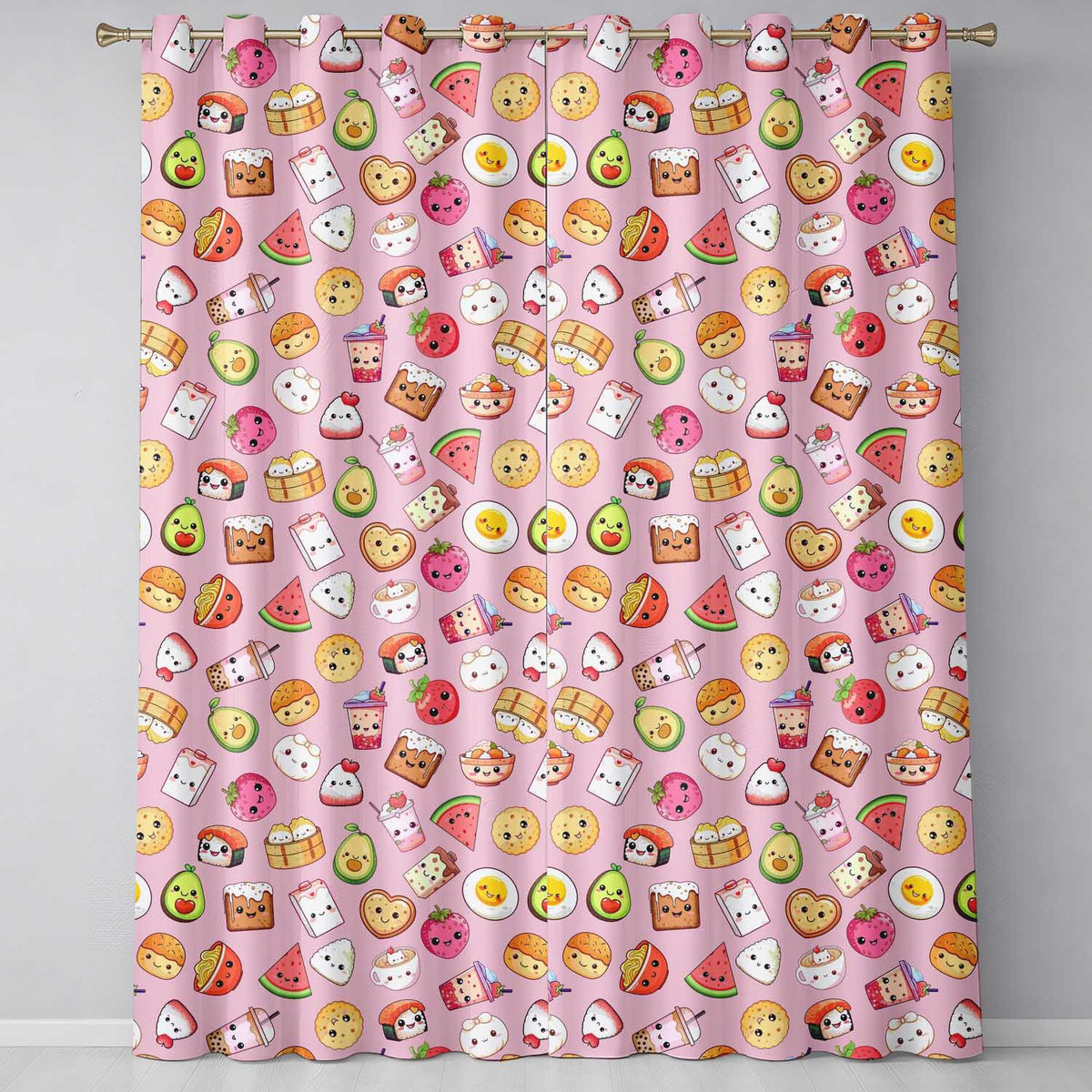 Kawaii Food Collection Sushi Fruit Drinks Soft Pink Cute Seamless Pattern  Readymade Eyelet Ring Top Thermal 100% Blackout Curtains