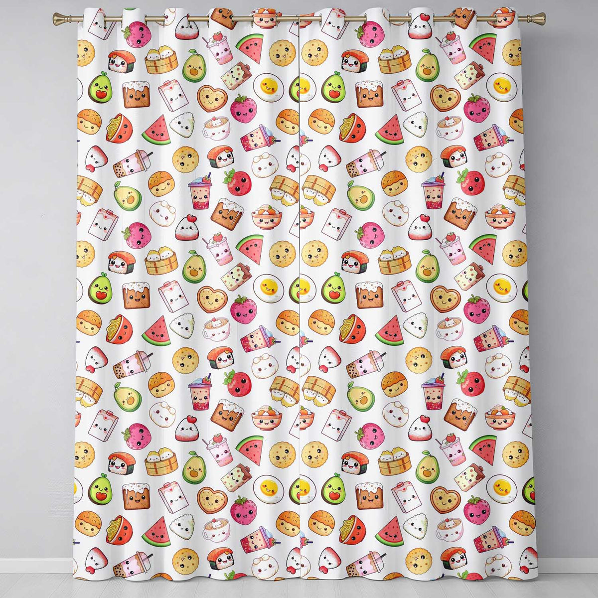 Kawaii Food Collection Cute Sushi Fruit Drinks Cartoon Seamless Pattern  Readymade Eyelet Ring Top Thermal 100% Blackout Curtains