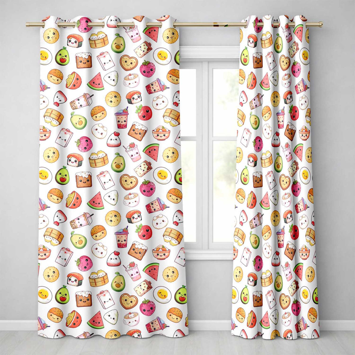 Kawaii Food Collection Cute Sushi Fruit Drinks Cartoon Seamless Pattern  Readymade Eyelet Ring Top Thermal 100% Blackout Curtains