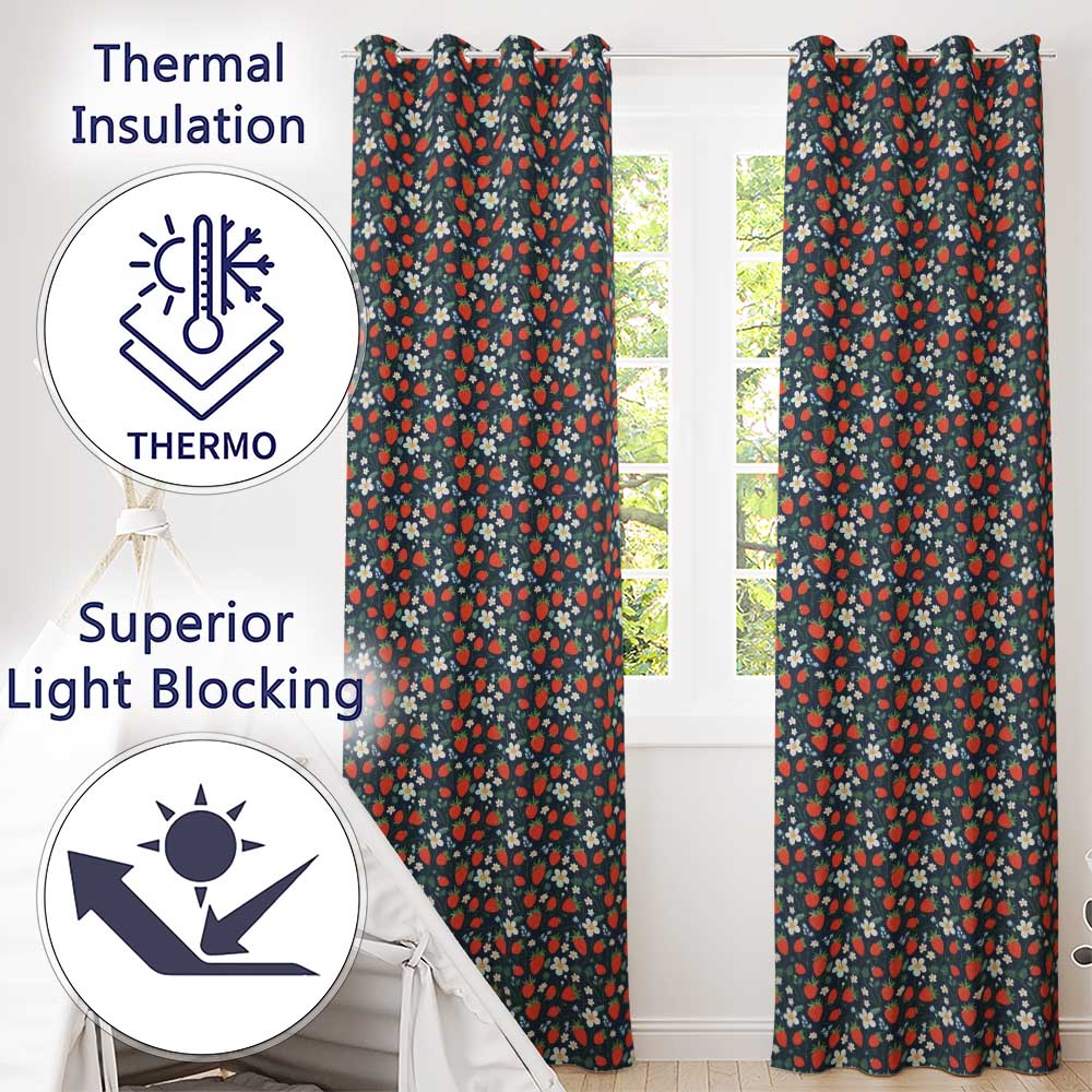 Wild Strawberry Floral Navy Background Seamless Pattern  Readymade Eyelet Ring Top Thermal 100% Blackout Curtains