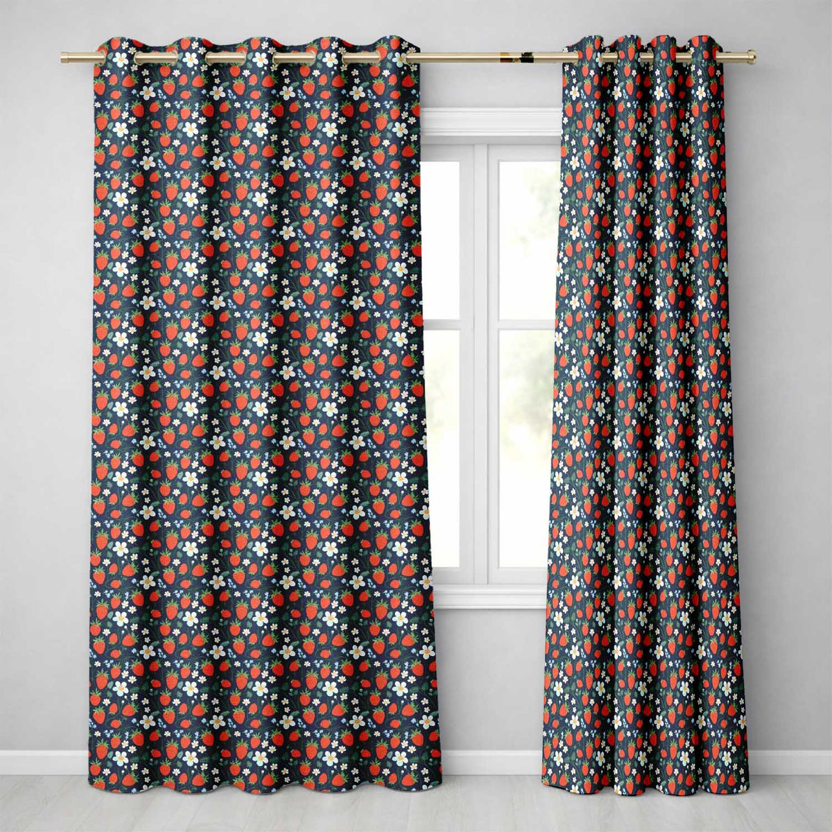 Wild Strawberry Floral Navy Background Seamless Pattern  Readymade Eyelet Ring Top Thermal 100% Blackout Curtains