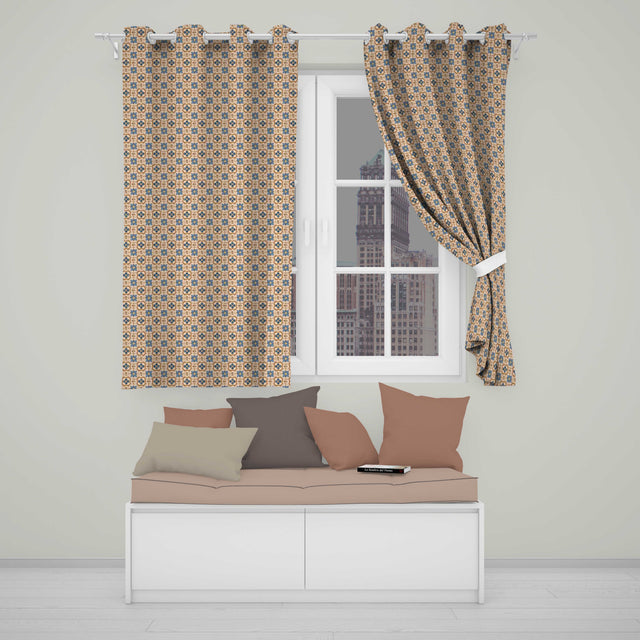 Classic Blue Floral Geometric Tile Pattern Seamless  Readymade Eyelet Ring Top Thermal 100% Blackout Curtains