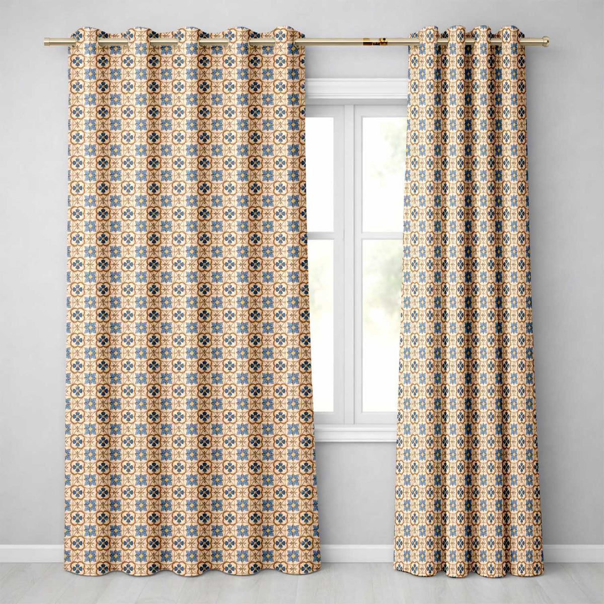 Classic Blue Floral Geometric Tile Pattern Seamless  Readymade Eyelet Ring Top Thermal 100% Blackout Curtains