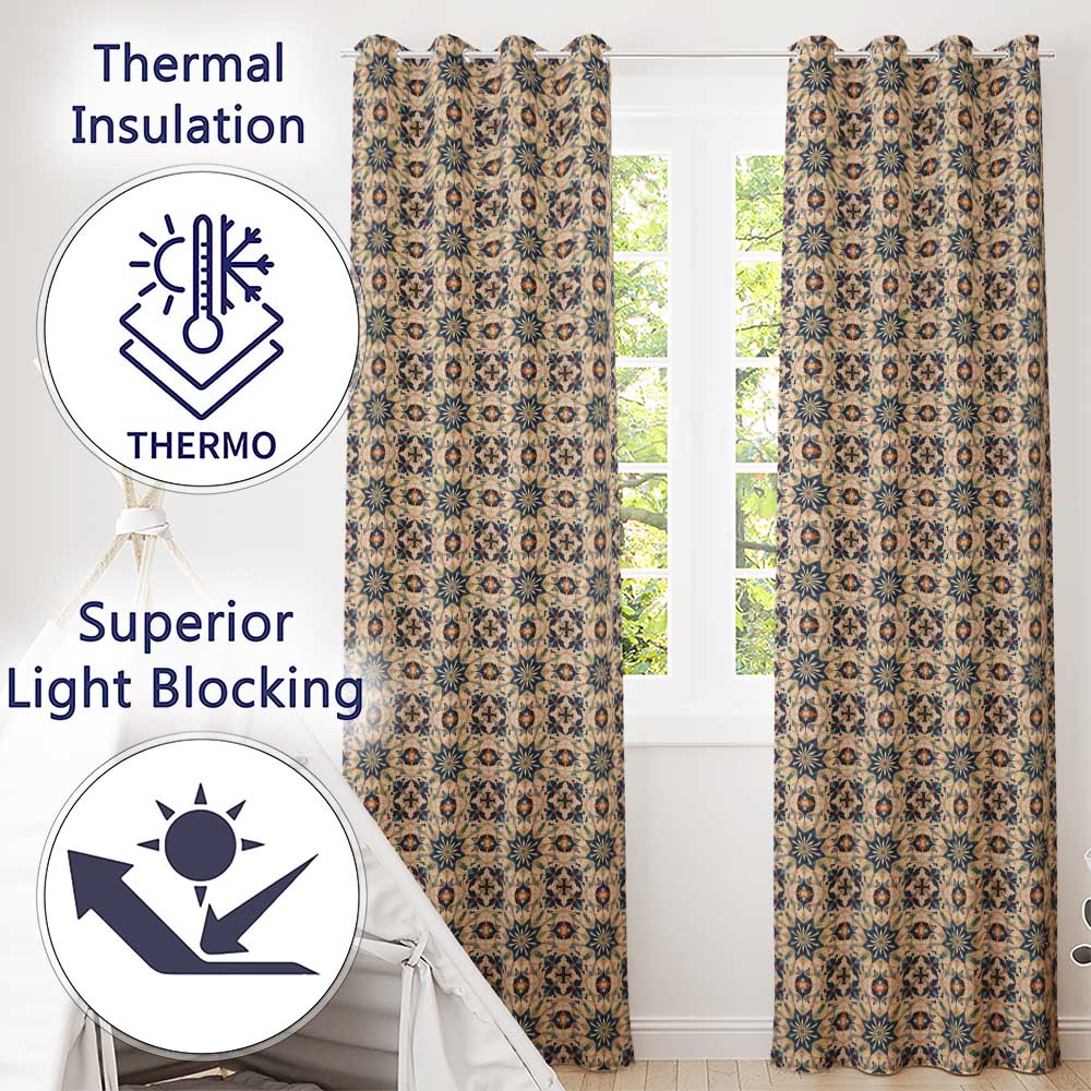 Intricate Moroccan Star Tile Blue Beige Pattern Seamless  Readymade Eyelet Ring Top Thermal 100% Blackout Curtains