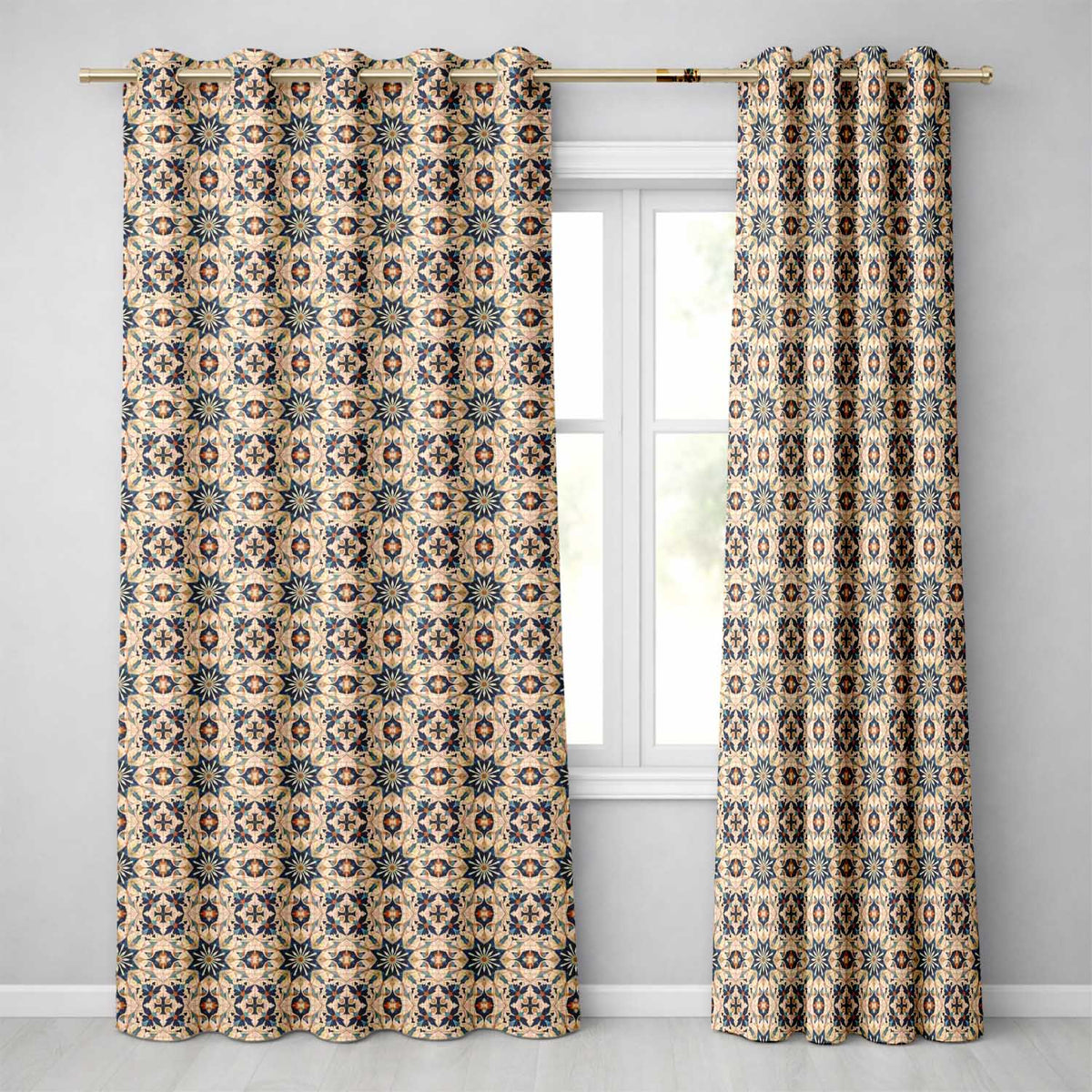 Intricate Moroccan Star Tile Blue Beige Pattern Seamless  Readymade Eyelet Ring Top Thermal 100% Blackout Curtains