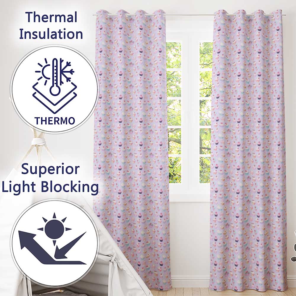 Kawaii Cupcake Sweet Treats Blue Background Seamless Pattern  Readymade Eyelet Ring Top Thermal 100% Blackout Curtains