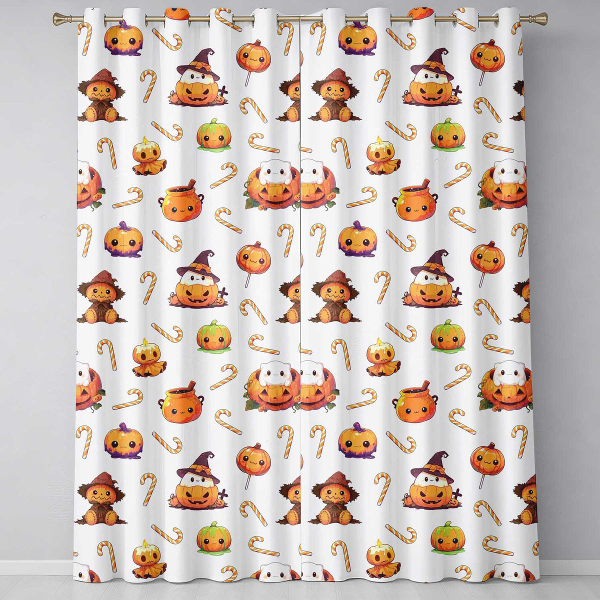 Cute Halloween Pumpkin Candy Cartoon Seamless Pattern  Readymade Eyelet Ring Top Thermal 100% Blackout Curtains