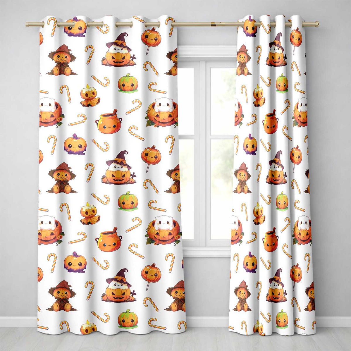 Cute Halloween Pumpkin Candy Cartoon Seamless Pattern  Readymade Eyelet Ring Top Thermal 100% Blackout Curtains