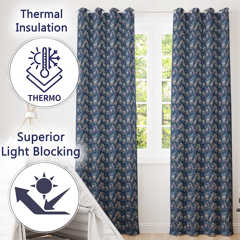 Vintage Blue Floral Garden Seamless Pattern Classic Botanical Style  Readymade Eyelet Ring Top Thermal 100% Blackout Curtains