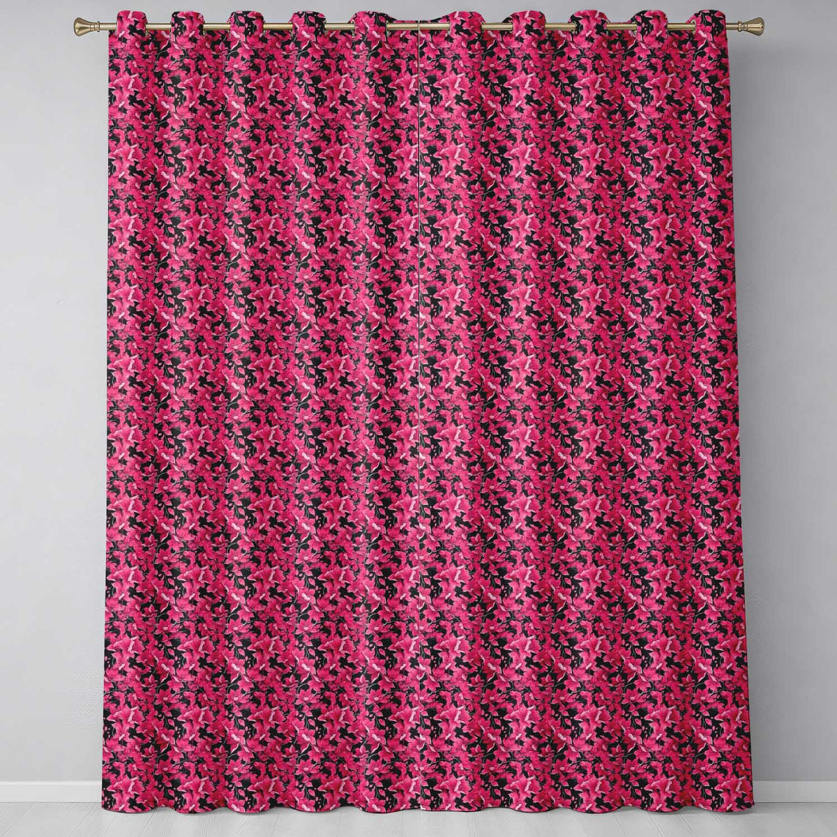 Elegant Pink Flowers on Black Seamless Pattern Botanical Floral Design  Readymade Eyelet Ring Top Thermal 100% Blackout Curtains