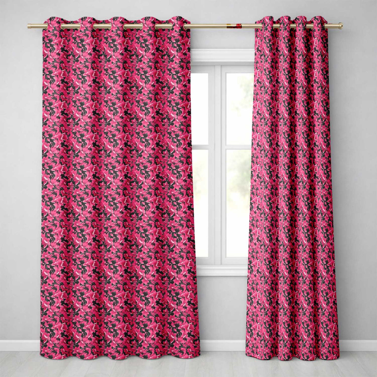 Elegant Pink Flowers on Black Seamless Pattern Botanical Floral Design  Readymade Eyelet Ring Top Thermal 100% Blackout Curtains