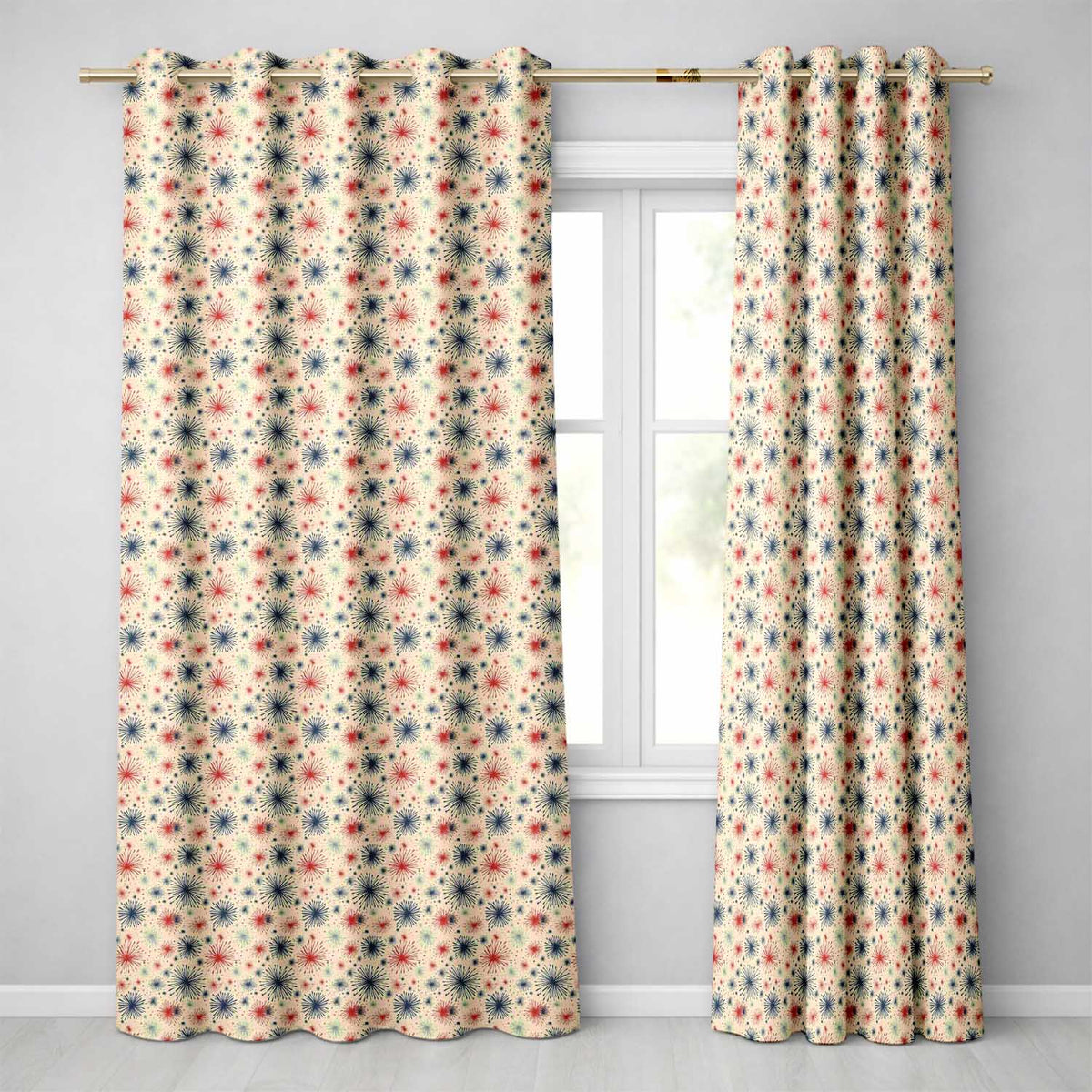 Red Blue Patriotic Fireworks Burst Seamless Pattern Festive Celebration Design  Readymade Eyelet Ring Top Thermal 100% Blackout Curtains