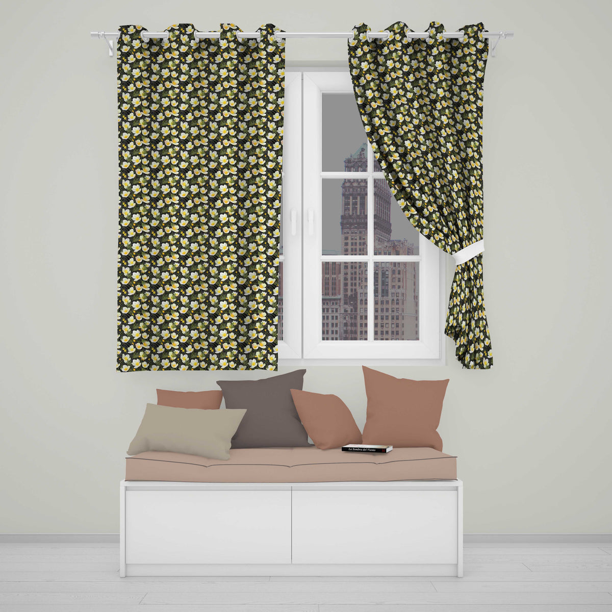 White Buttercup Flowers Dark Green Botanical Seamless Pattern Elegant  Readymade Eyelet Ring Top Thermal 100% Blackout Curtains