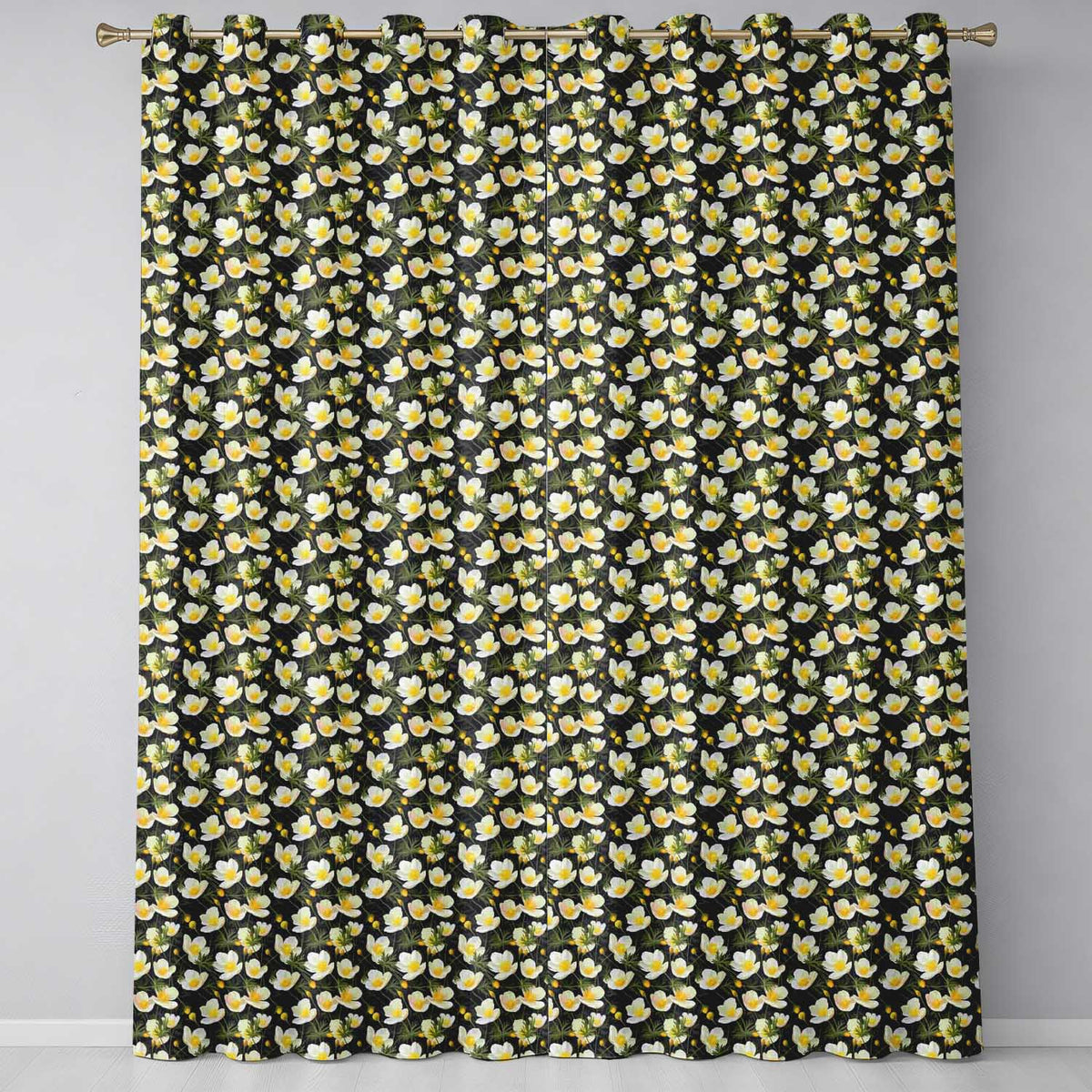 White Buttercup Flowers Dark Green Botanical Seamless Pattern Elegant  Readymade Eyelet Ring Top Thermal 100% Blackout Curtains