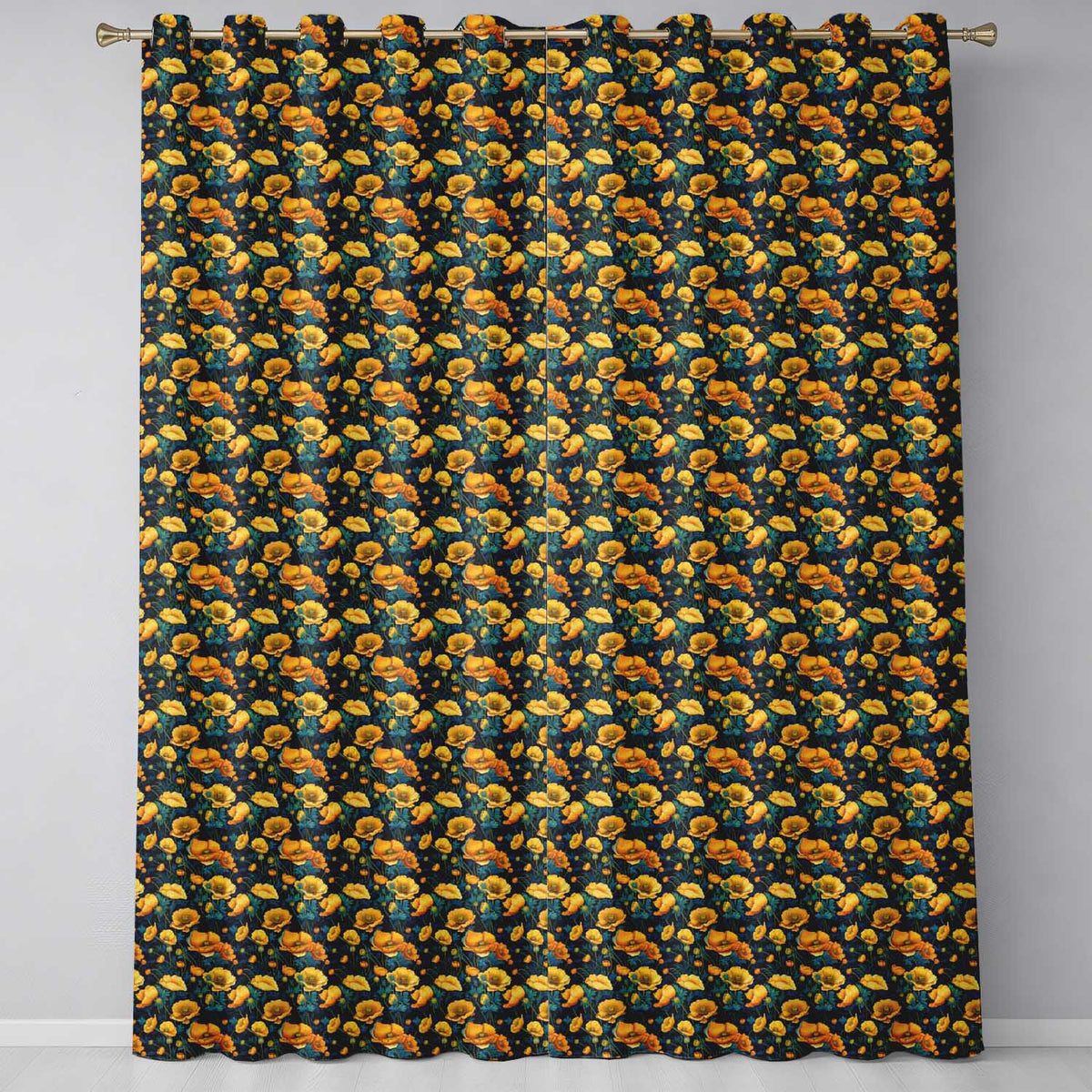 Golden Poppy Flowers Dark Background Seamless Pattern Rich Botanical  Readymade Eyelet Ring Top Thermal 100% Blackout Curtains