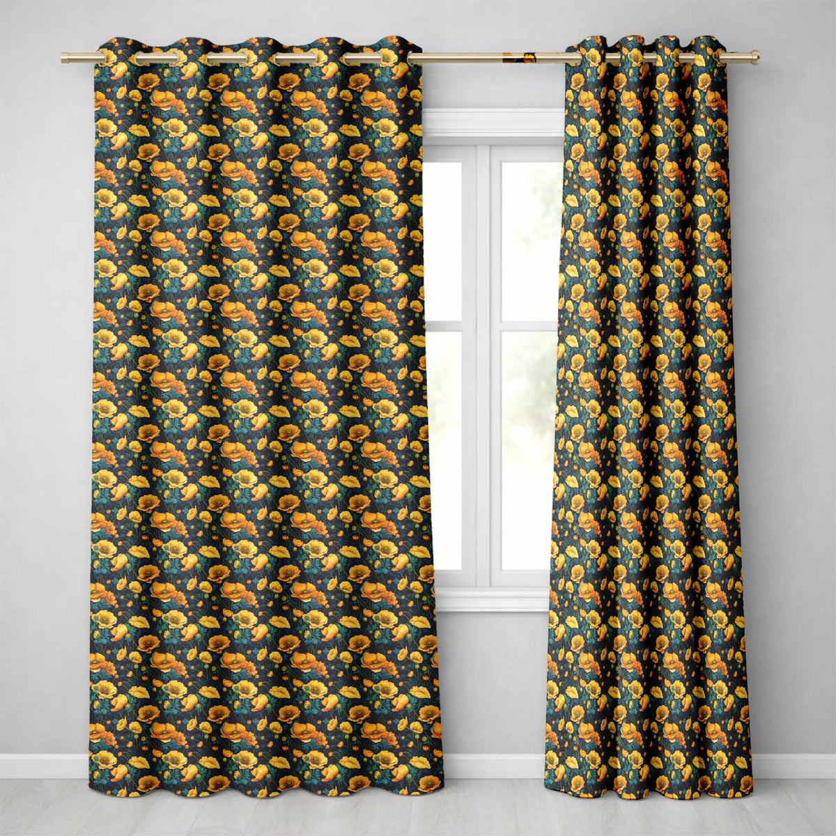 Golden Poppy Flowers Dark Background Seamless Pattern Rich Botanical  Readymade Eyelet Ring Top Thermal 100% Blackout Curtains