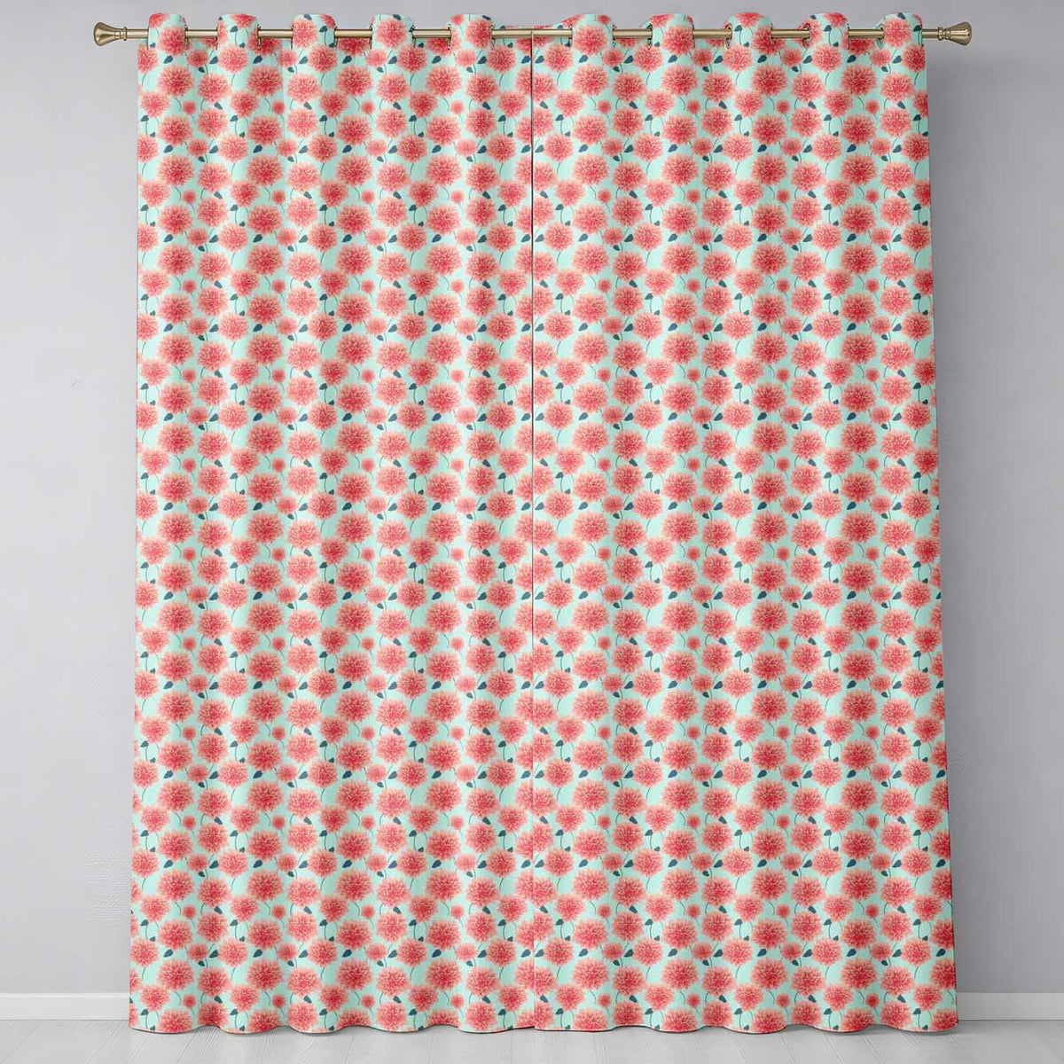 Peach Dahlia Floral Light Blue Background Seamless Pattern Elegant  Readymade Eyelet Ring Top Thermal 100% Blackout Curtains
