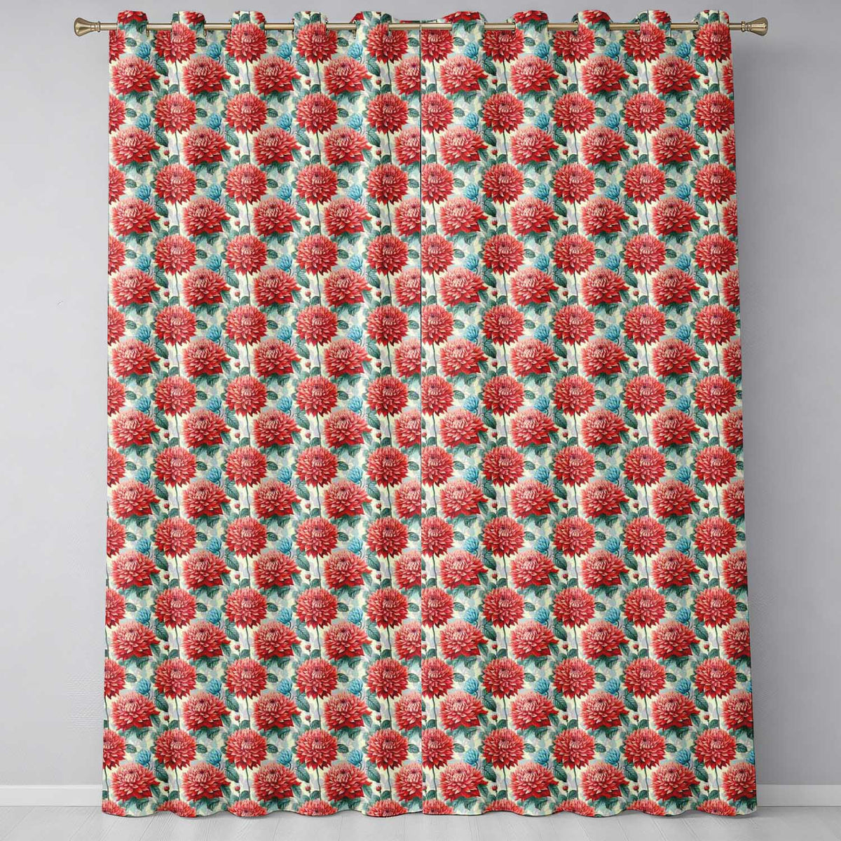 Red Dahlia Botanical Floral Seamless Pattern Detailed Bloom Design  Readymade Eyelet Ring Top Thermal 100% Blackout Curtains