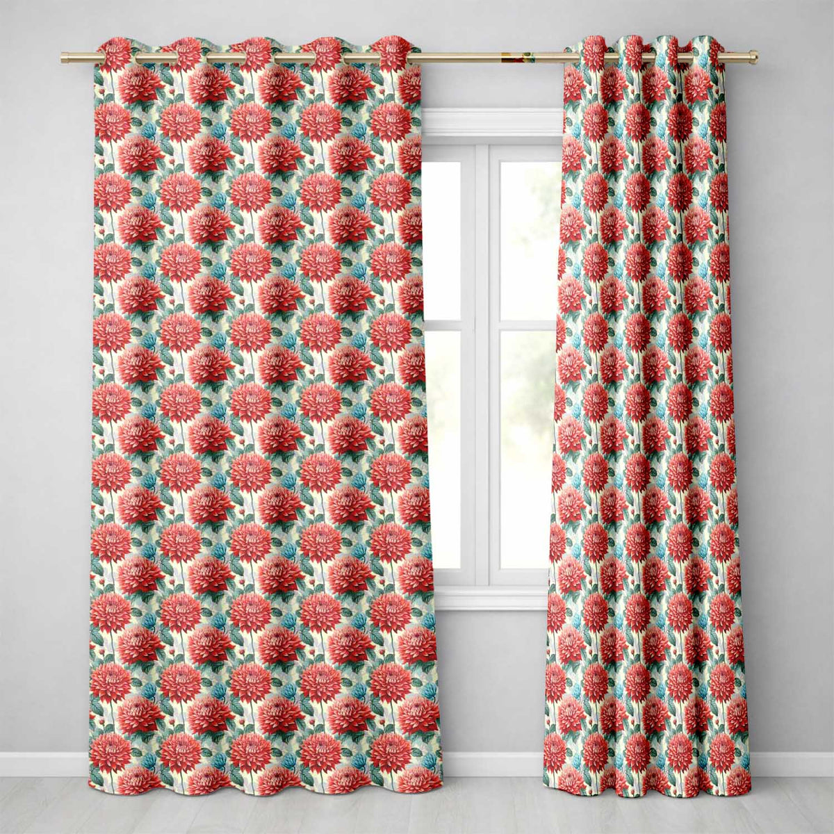 Red Dahlia Botanical Floral Seamless Pattern Detailed Bloom Design  Readymade Eyelet Ring Top Thermal 100% Blackout Curtains