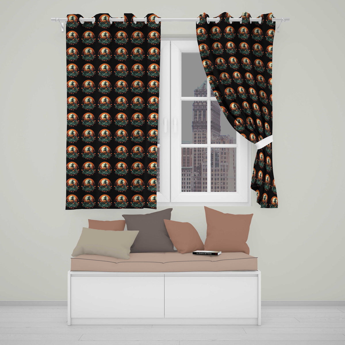 Haunted Pumpkin Landscape with Moon and Trees Seamless Pattern  Readymade Eyelet Ring Top Thermal 100% Blackout Curtains