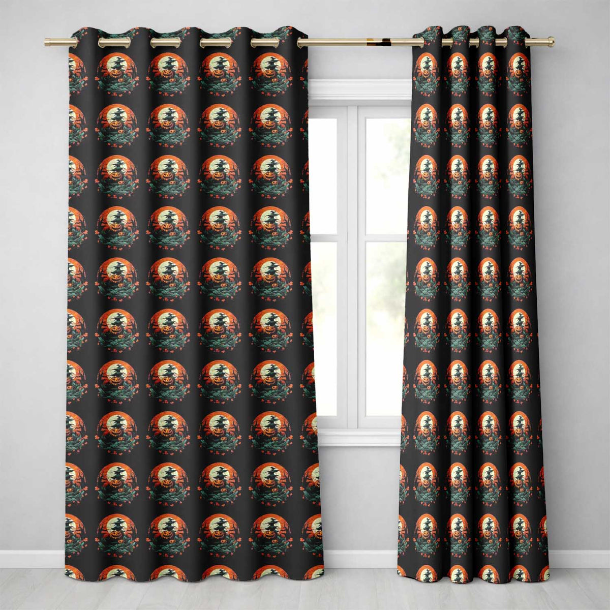 Haunted Pumpkin Landscape with Moon and Trees Seamless Pattern  Readymade Eyelet Ring Top Thermal 100% Blackout Curtains