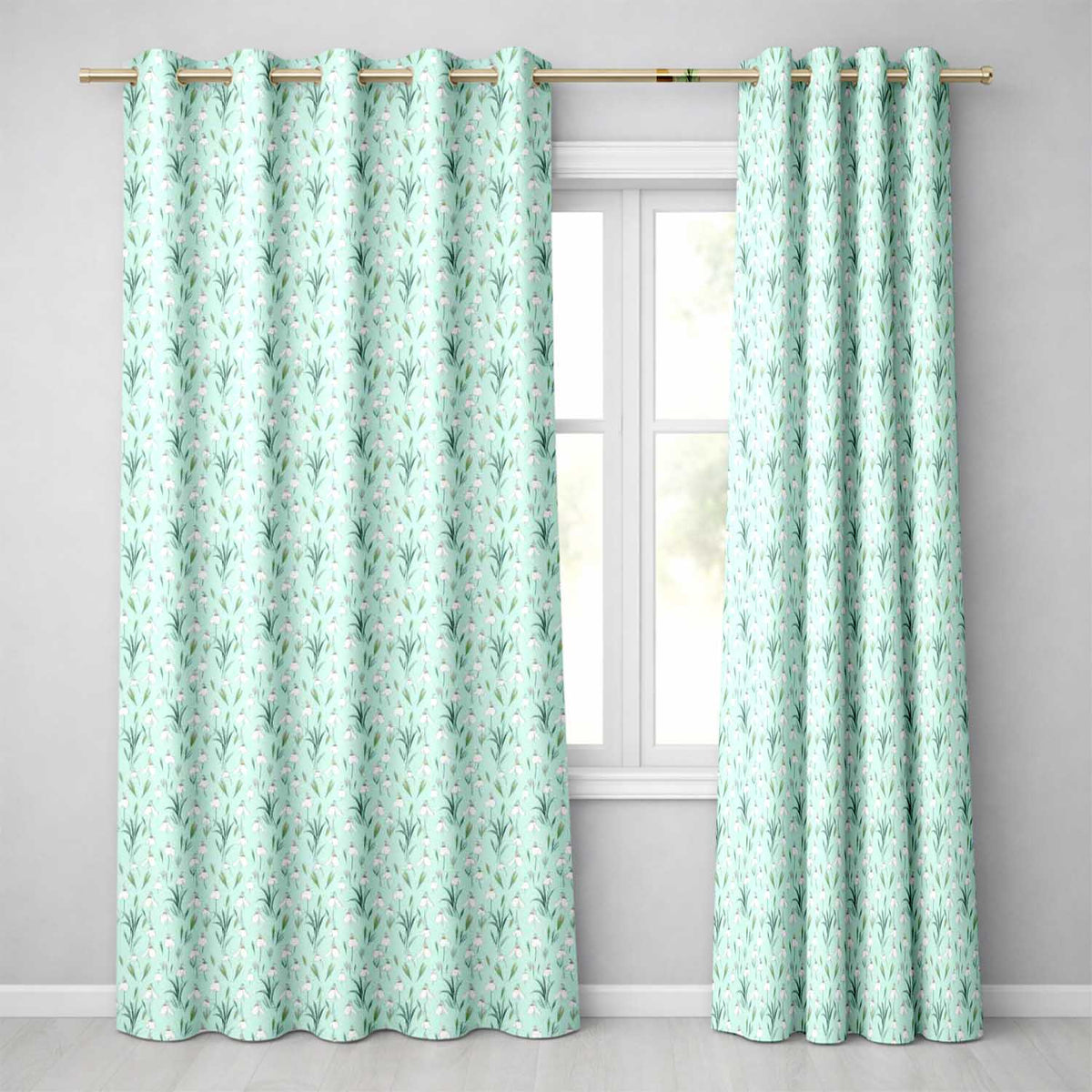Small Snowdrop Flowers on Light Blue Polka Dot Background Seamless Pattern  Readymade Eyelet Ring Top Thermal 100% Blackout Curtains