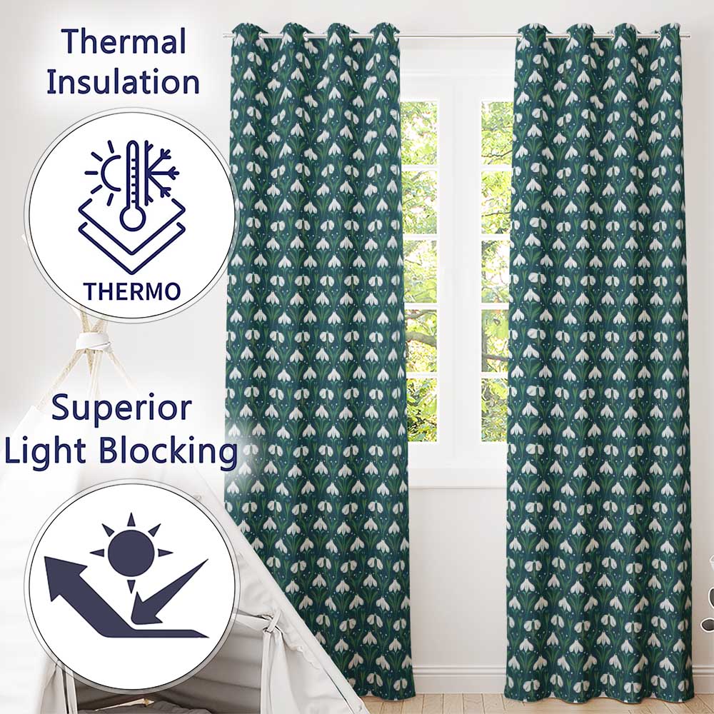 Stylized Snowdrop Floral Pattern on Deep Teal Background Seamless Design  Readymade Eyelet Ring Top Thermal 100% Blackout Curtains
