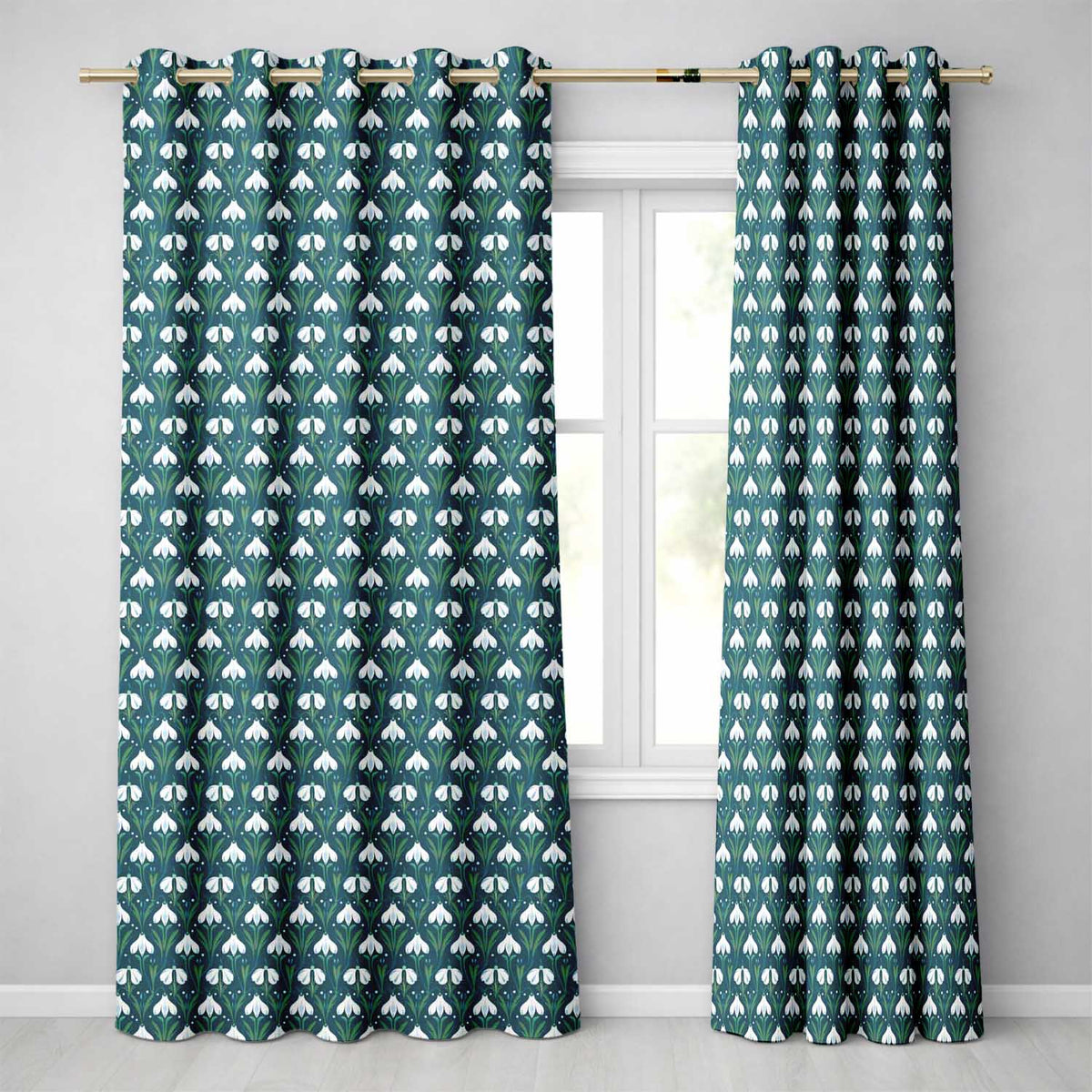 Stylized Snowdrop Floral Pattern on Deep Teal Background Seamless Design  Readymade Eyelet Ring Top Thermal 100% Blackout Curtains