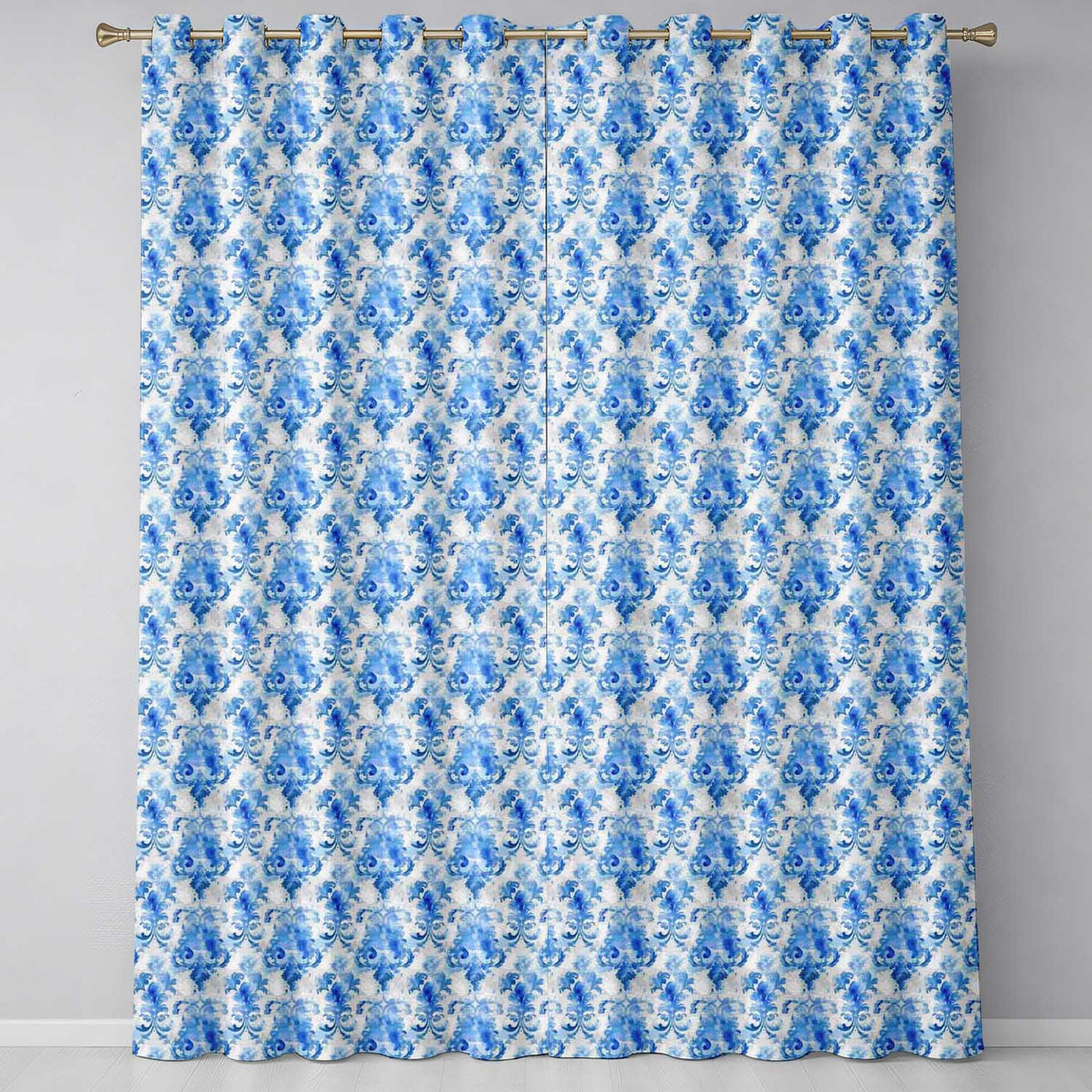 Watercolor Blue Damask Artistic Seamless Pattern  Readymade Eyelet Ring Top Thermal 100% Blackout Curtains